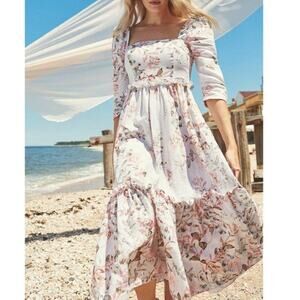 Cara Cara Women’s Blue Hill Trellis Floral Ivory Linen White Midi Dress Size 6